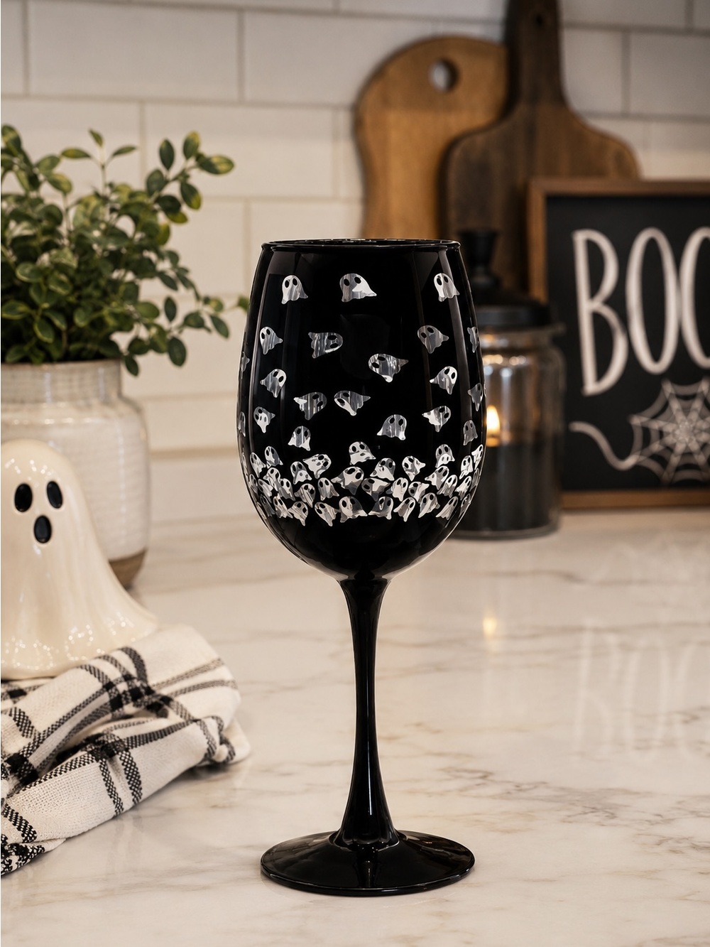 Black Ghost Pattern Halloween Stemmed Wine Glass - Festive Home Dining Glassware